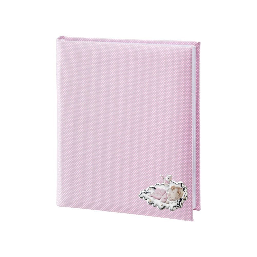 ALBUM BAMBINA ROSA 20X25 CON PLACCA COLORATA IN ARGENTO PVD 1 Cofanetto regalo rosa con decorazione in argento, elegante e raffinato.