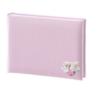 Album fotografico rosa con orsetti e cuore, perfetto come regalo per occasioni speciali.