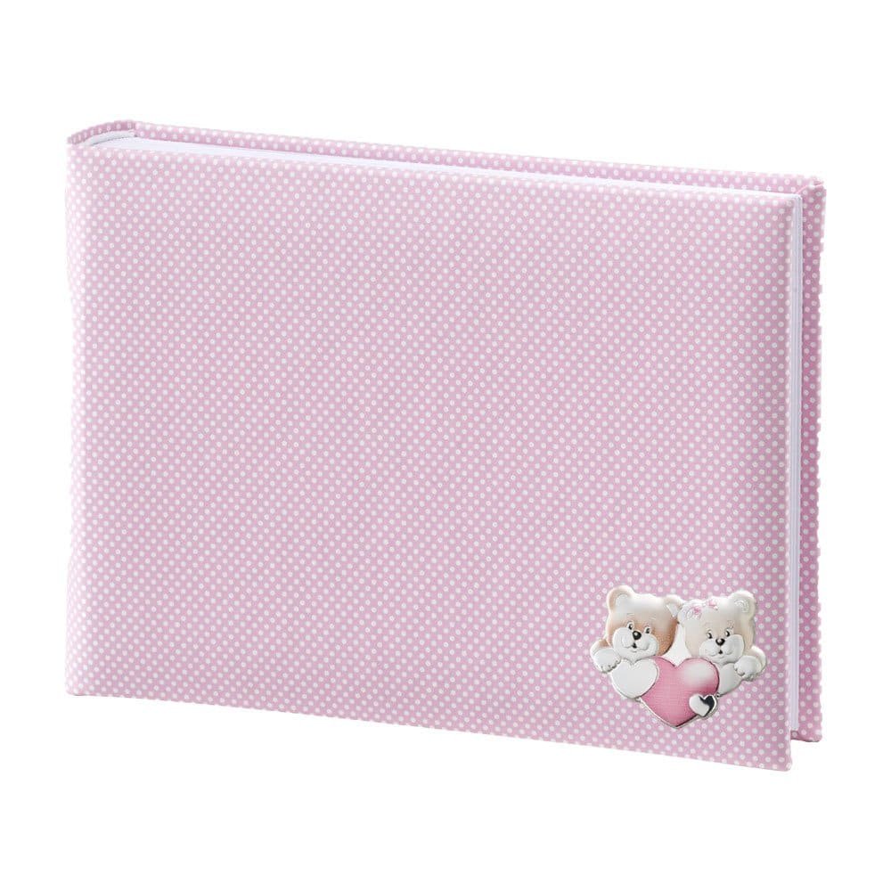 ALBUM BAMBINA ROSA 15X20 CON PLACCA ORSETTI COLORATA IN ARGENTO PVD 1 Album fotografico rosa con orsetti e cuore, perfetto come regalo per occasioni speciali.