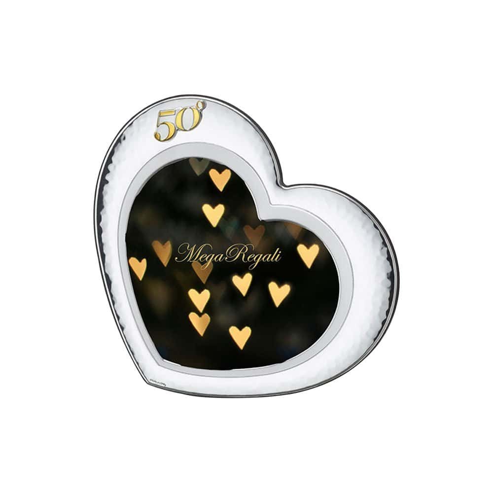 PORTAFOTO A FORMA DI CUORE EVENTO 50° CON ORO ARGENTO BILAMINATO RETRO LEGNO 1 Cornice a forma di cuore con luci e scritta MegaRegali, perfetta per occasioni speciali.