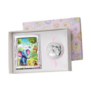 Elefante colorato con animali e decorazioni per bambini, regalo per nascita o battesimo.