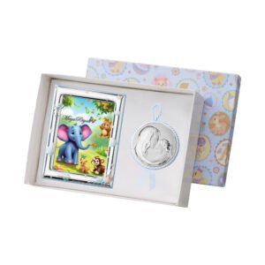 Elefante e animali in regalo per bambini, scatola regalo con decorazioni colorate e oggetti personal.