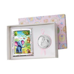 Elefante colorato con animali e natura, in confezione regalo con oggetto decorativo.