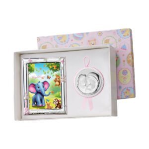 Elefante colorato con animali e cornice decorativa, regalo per bambini con foto e ciuccio in confezi.