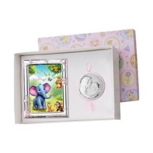Elefante colorato con cornice e confezione regalo.