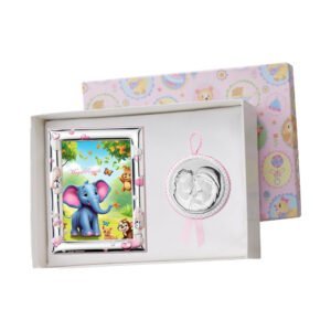 Portafoto con immagine di elefante e decorazioni rosa, ideale come regalo per neonati e bambini.