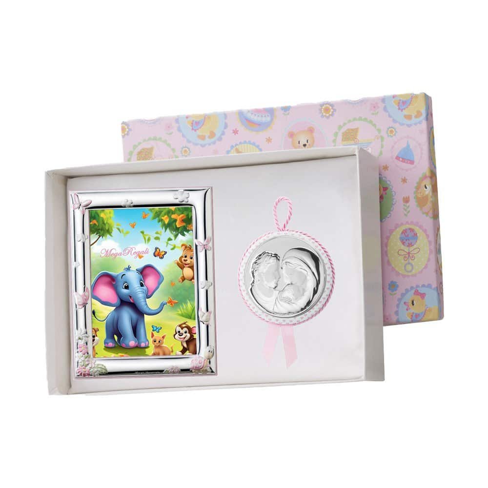 SET PORTAFOTO ROSA 9X13 TARTARUGA E CAPOCULLA ROSA 6X6 CM CON IMMAGINE DELLA SACRA FAMIGLIA IN ARGENTO PVD 1 Elefante colorato con uccellini e fiori, regalo per bambini, in confezione regalo con medaglietta e.