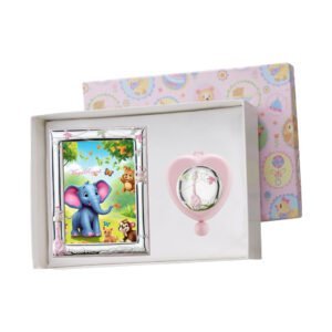 Elefante colorato con cornice e ciuccio, perfetto come regalo per neonati e bambini piccoli.