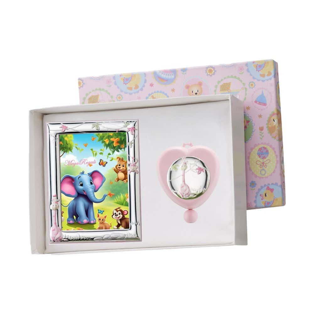 SET PORTAFOTO 9X13 E CARILLON CUORE CON GIRAFFA COLORATA ROSA IN ARGENTO PVD 1 Elefante colorato con cornice e ciuccio, perfetto come regalo per neonati e bambini piccoli.
