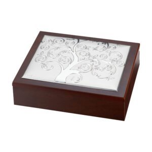 Albero decorativo in metallo con base in legno, elegante e raffinato.