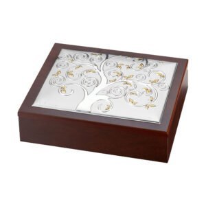 Albero decorativo in metallo e legno, elegante e raffinato.