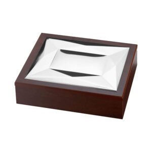 Portaoggetti elegante in legno con coperchio in vetro trasparente.