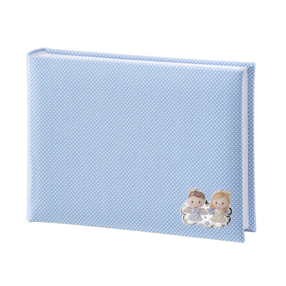 ALBUM BAMBINO CELESTE 15X20 CON PLACCA ANGELI COLORATA IN ARGENTO PVD 1 Album fotografico per bambini con copertina azzurra a pois e decorazioni di angeli.