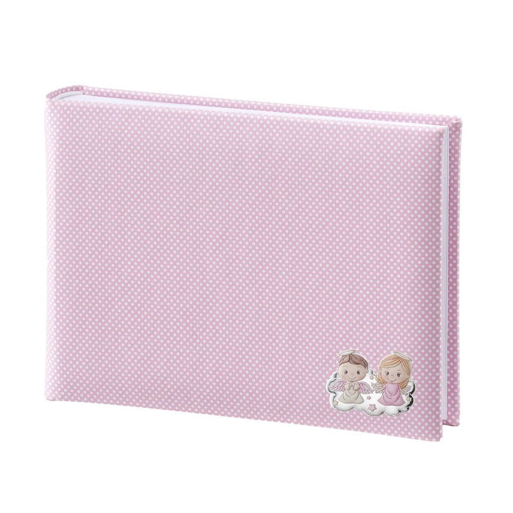 ALBUM BAMBINA ROSA 15X20 CON PLACCA ANGELI COLORATA IN ARGENTO PVD 1 Album fotografico rosa con decorazioni di bambole carine.