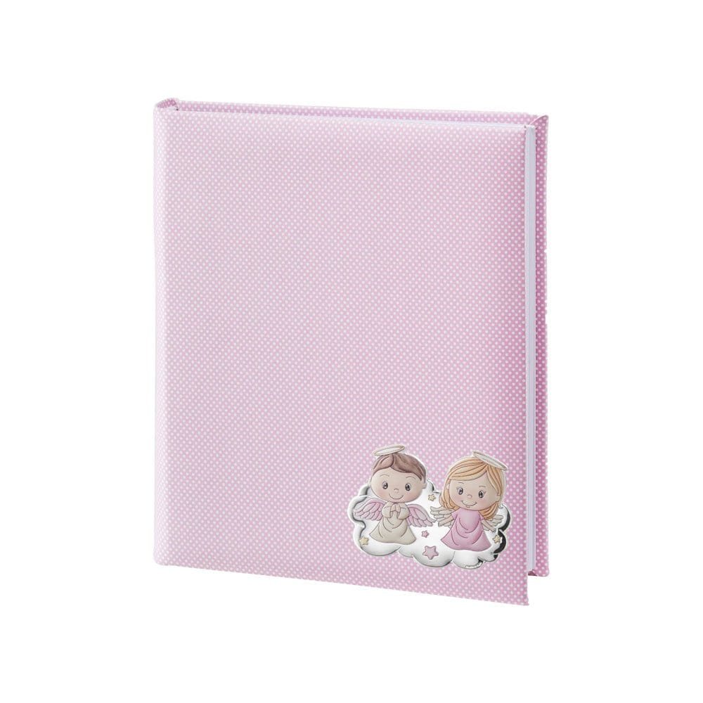 ALBUM BAMBINA ROSA 20X25 CON PLACCA ANGELI COLORATA IN ARGENTO PVD 1 Album fotografico rosa con decorazioni di bambina e angeli, perfetto come regalo per neonata.