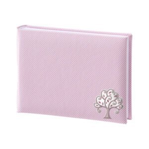 Album fotografico rosa con albero stilizzato, elegante e femminile.