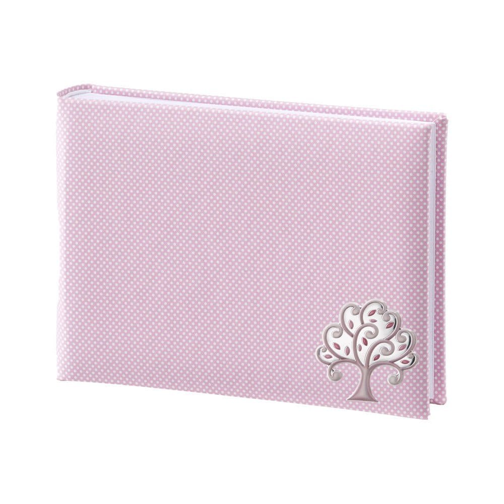 ALBUM BAMBINA ROSA 15X20 CON PLACCA ALBERO DELLA VITA COLORATA IN ARGENTO PVD 1 Album fotografico rosa con albero stilizzato, elegante e femminile.