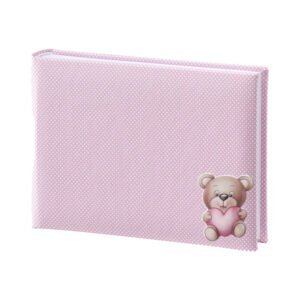 Album fotografico rosa con orsetto e cuore, perfetto per regali speciali.