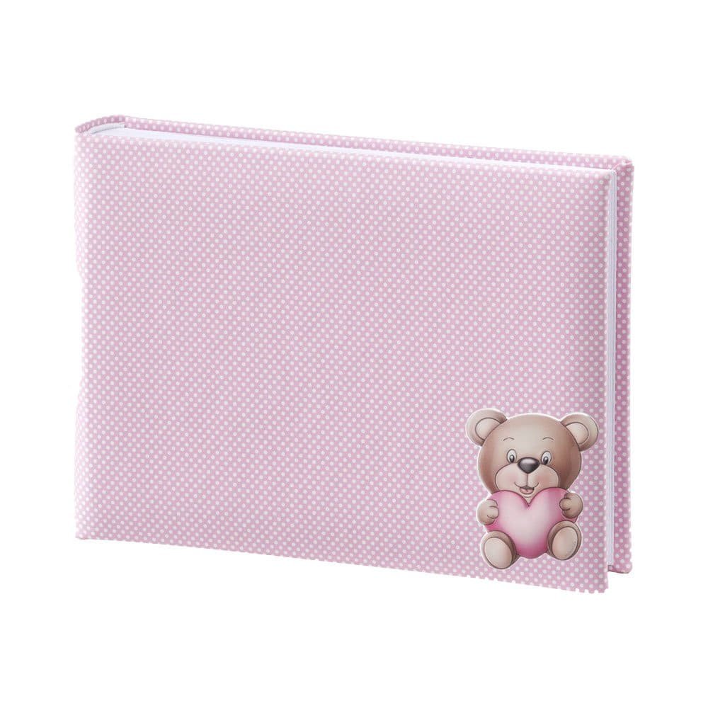 ALBUM BAMBINA ROSA 15X20 CON PLACCA ORSETTO COLORATA IN ARGENTO PVD 1 Album fotografico rosa con orsetto e cuore, perfetto per regali speciali.