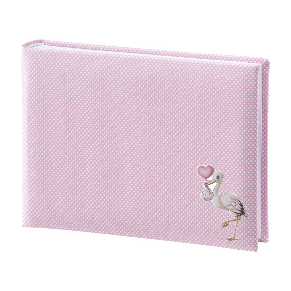 ALBUM BAMBINA ROSA 15X20 CON PLACCA CICOGNA COLORATA IN ARGENTO PVD 1 Libro per bambini con cigno e cuore rosa, copertina rosa con pois.