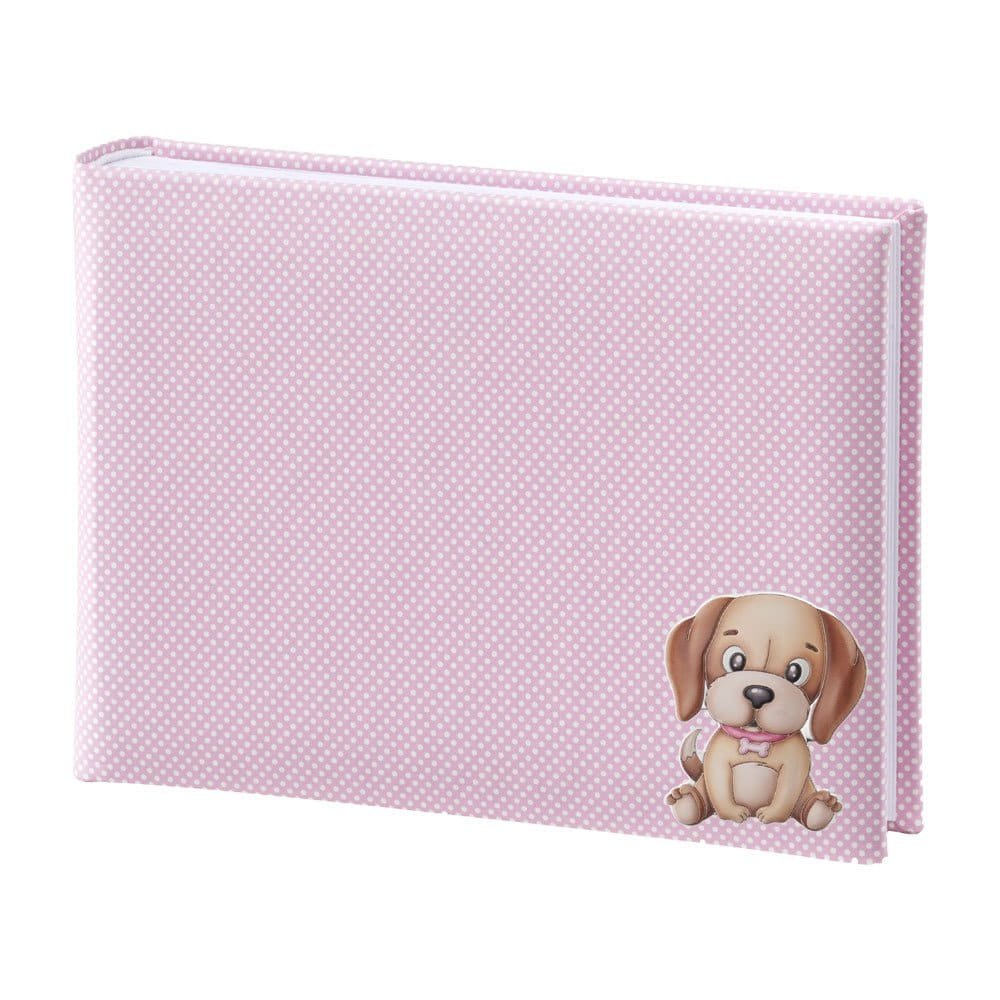 ALBUM BAMBINA ROSA 15X20 CON PLACCA CAGNOLINO COLORATA IN ARGENTO PVD 1 Cofanetto regalo rosa con cagnolino in ceramica decorato con fiocco rosa. Perfetto per occasioni spe.