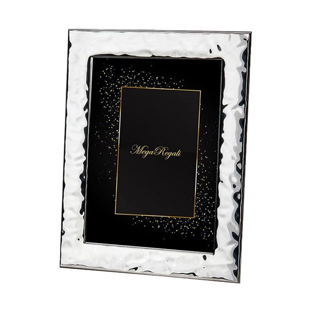 PORTAFOTO MAREA ARGENTO BILAMINATO RETRO LEGNO 1 Cornice regalo con dettagli argentati e sfondo nero elegante.