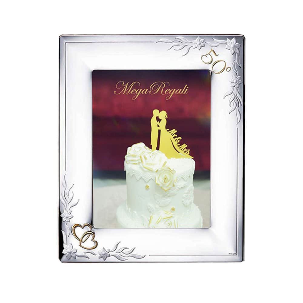 PORTAFOTO FLOREALE ANNIVERSARIO 50° CON ORO ARGENTO BILAMINATO RETRO LEGNO 1 Fedi nuziali in oro e diamanti in cornice regalo speciale.