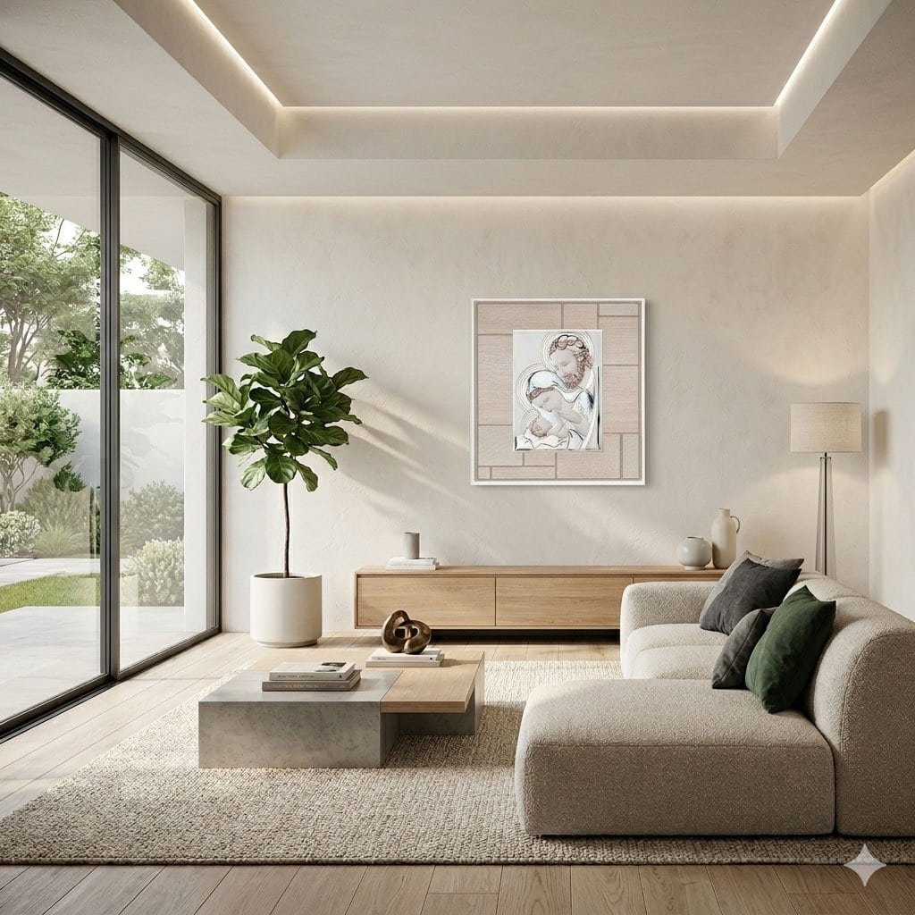 Home 5 Soggiorno elegante con divano, tavolino e decorazioni di design.