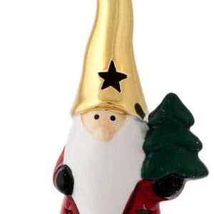 babbo natale con led h 20 con cappello oro Statua di gnomo natalizio in ceramica con cappello dorato e albero di Natale verde.