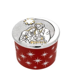 candela profumata presepe Scultura natalizia in cera con scena della Natività e dettagli dorati, ideale come decorazione festi.