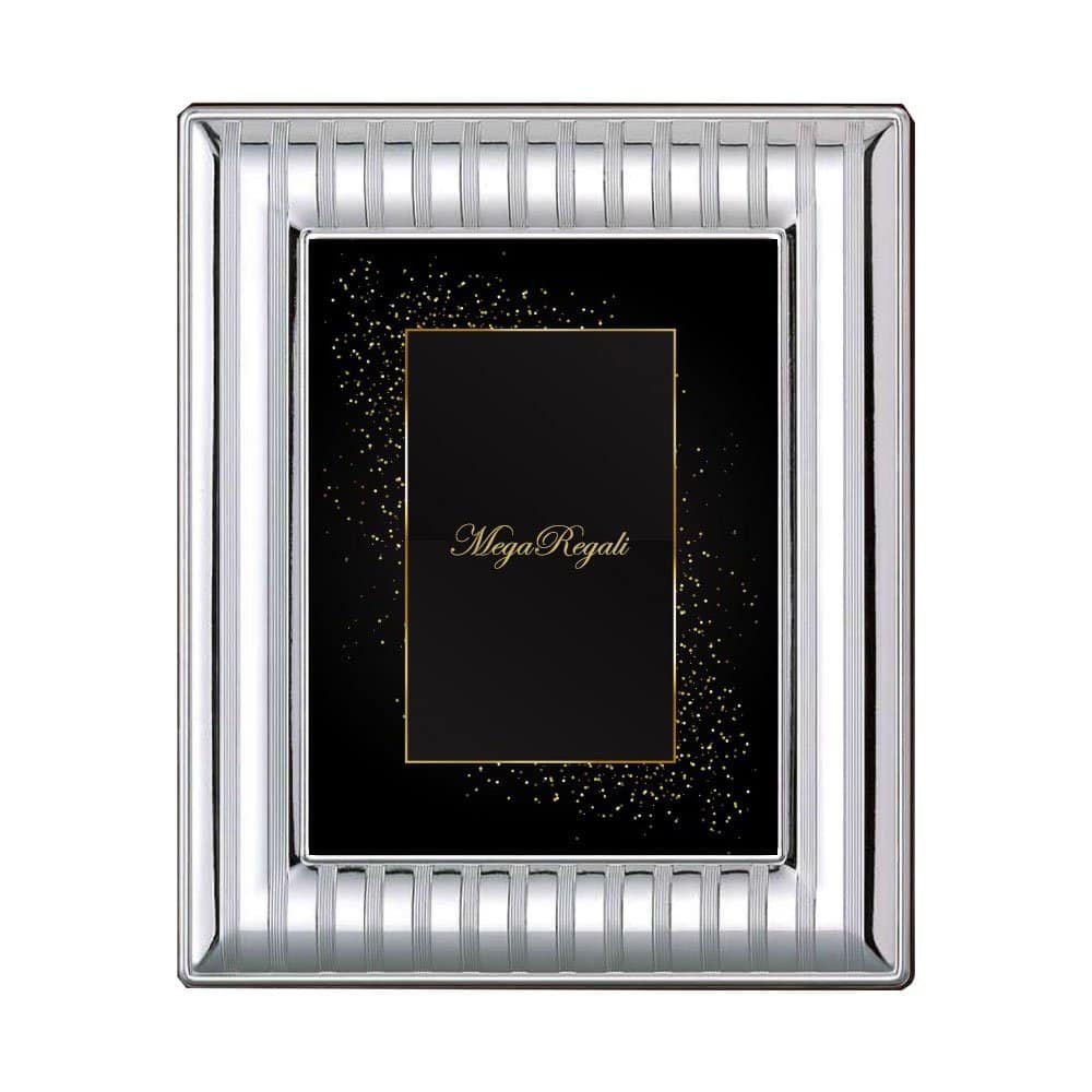 PORTAFOTO GESSATO LUCIDO ARGENTO BILAMINATO RETRO LEGNO 1 portafoto gessato lucido argento bilaminato con retro in legno, elegante e raffinato. Perfetto per foto special.
