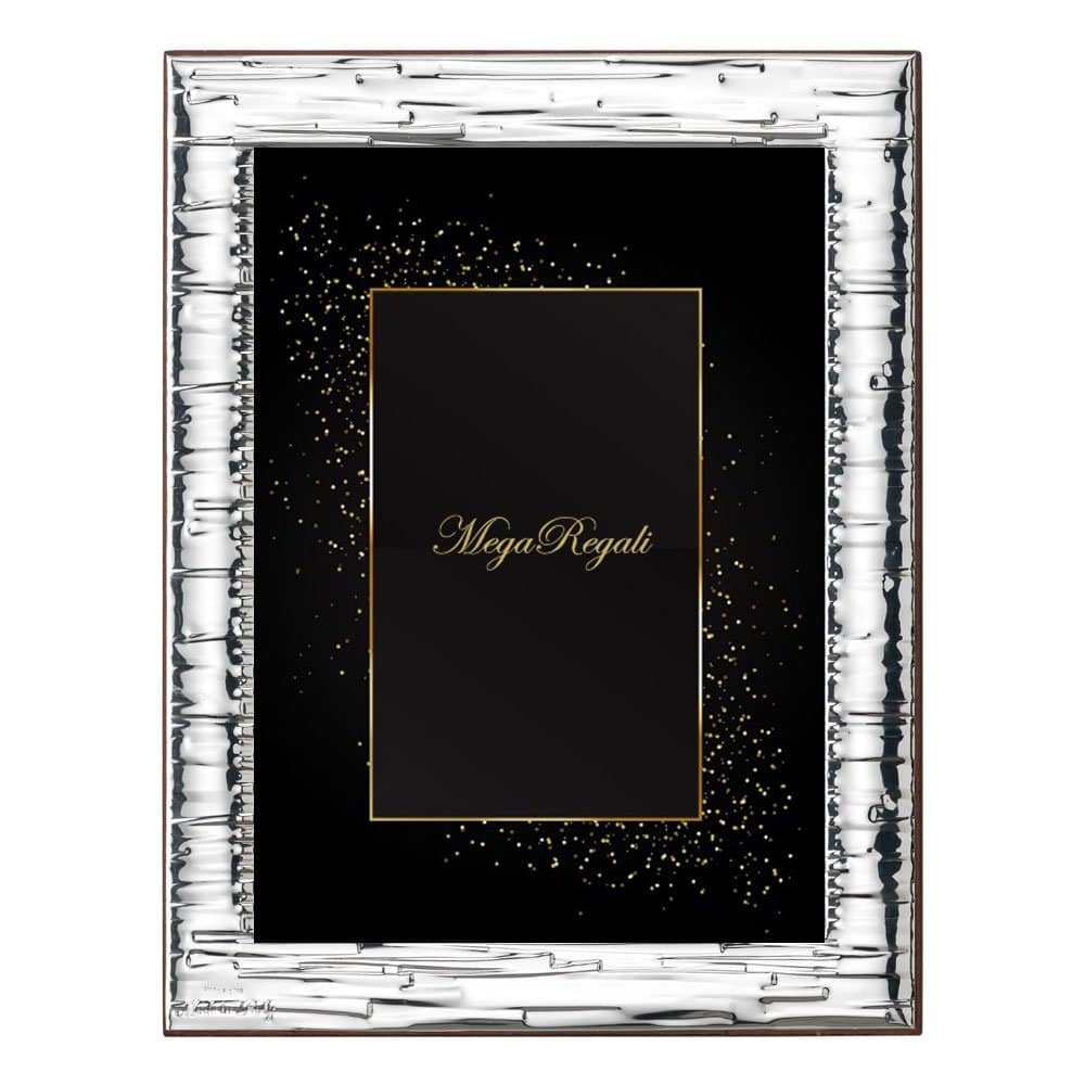 PORTAFOTO CORTECCIA LUCIDO ARGENTO BILAMINATO RETRO LEGNO 1 portafoto corteccia lucido argento lusso con dettagli in cristallo e sfondo nero, ideale per regali speciali.